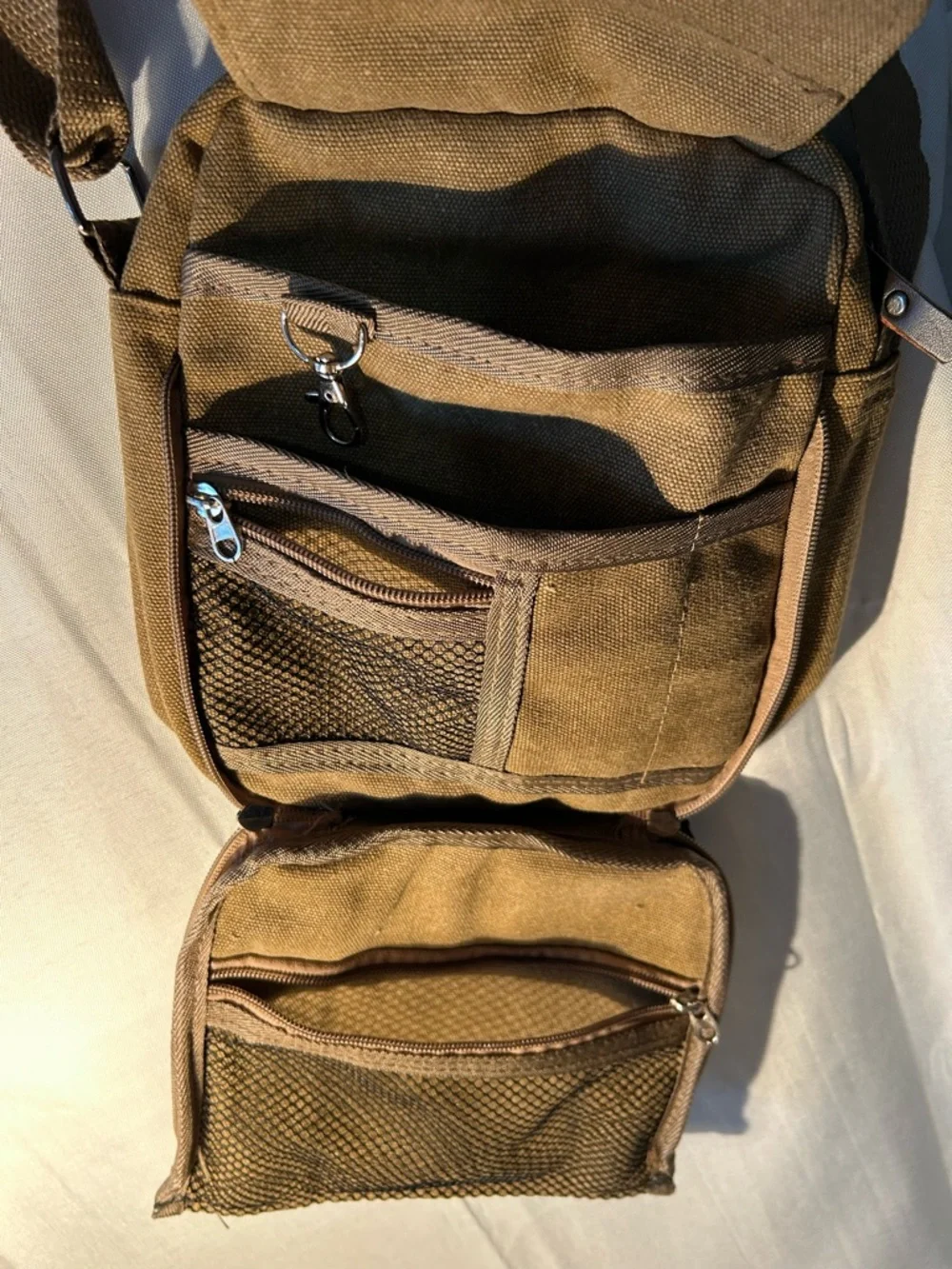 Canvas Crossbody Khaki Bag for Men compact size of approximately 9”x9”
